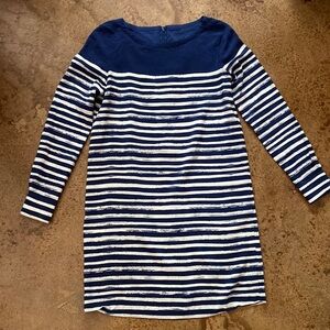 Vince navy and cream striped‎ scoop neck long sleeve silk mini sheath dress